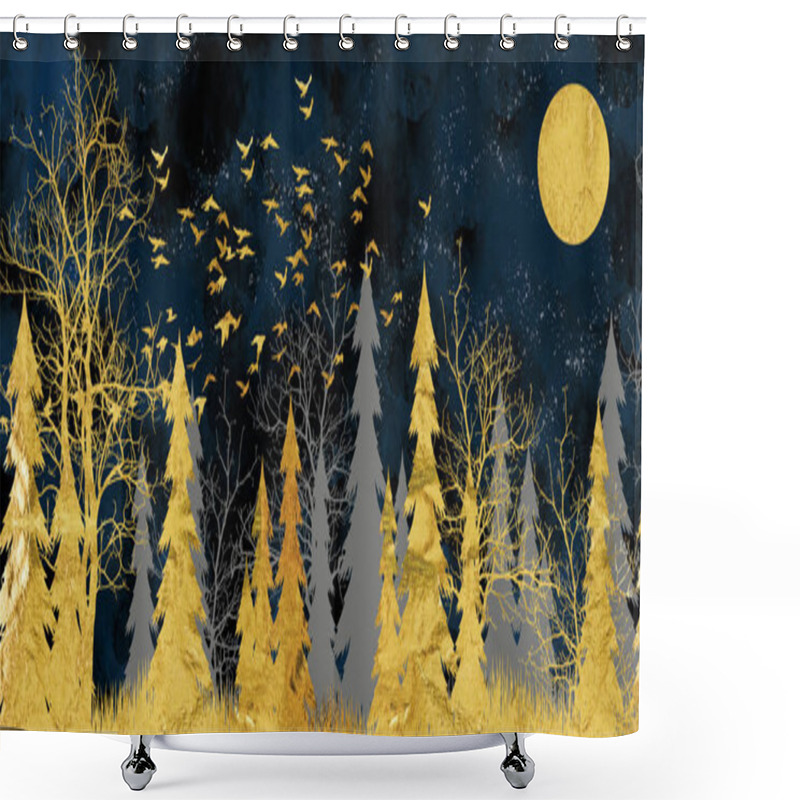 Personality  3d Modern Art Mural Wallpaper With Dark Blue Jungle , Forest Background . Golden Deer, Black Christmas Tree , Mountain , Moon With White Birds . Suitable For Use As A Frame On Walls . Shower Curtains