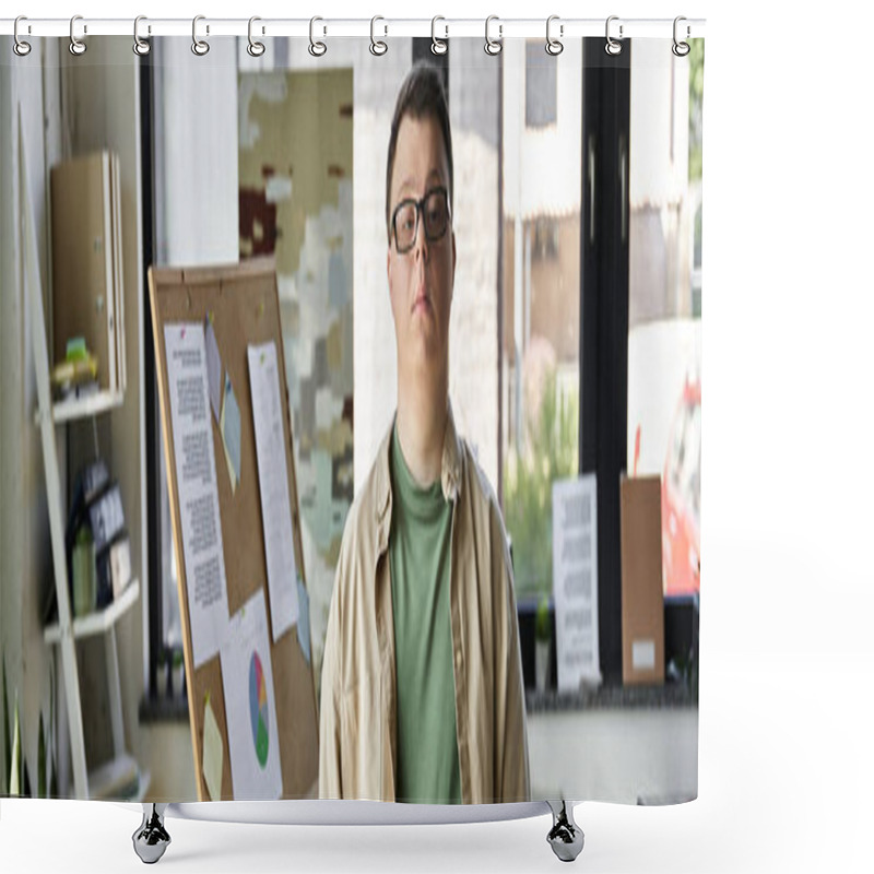 Personality  A Young Man With Down Syndrome Stands Confidently In Front Of A Bulletin Board In An Office. Shower Curtains