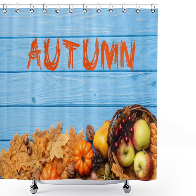 Personality  Top View Of Autumnal Harvest In Basket And Foliage Near Autumn Lettering On Blue Wooden Background Shower Curtains