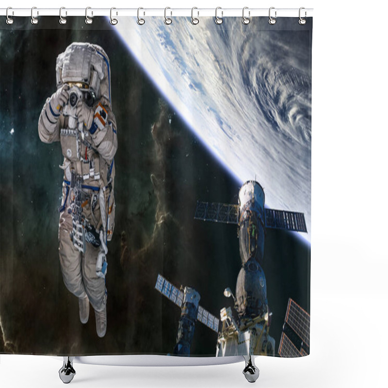 Personality  Astronaut, Space Station, Orbit Of Planet Earth. Solar System. Science Fiction Shower Curtains