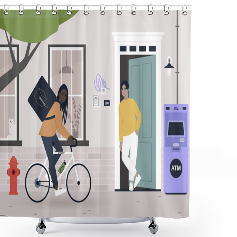 Personality  Urban Scene, A Food Delivery Worker Shipping Order To A Customer, Daily City Life Shower Curtains