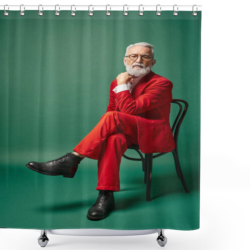 Personality  Stylish Man Dressed As Santa With Glasses Sitting On Chair With Hand Near Face, Winter Concept Shower Curtains