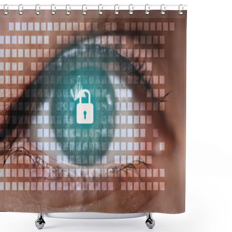 Personality  Cropped Shot Of Female Eye Looking At Camera With Cyber Security Sign  Shower Curtains