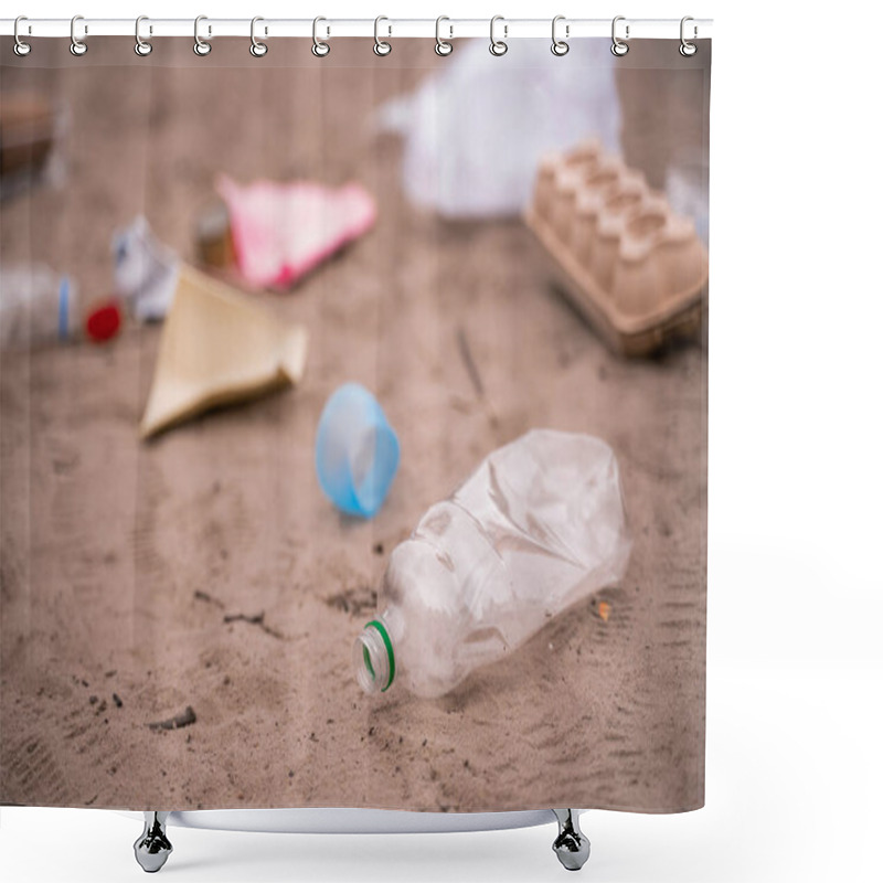 Personality  Plastic Bottle Near Blurred Trash On Sand Shower Curtains