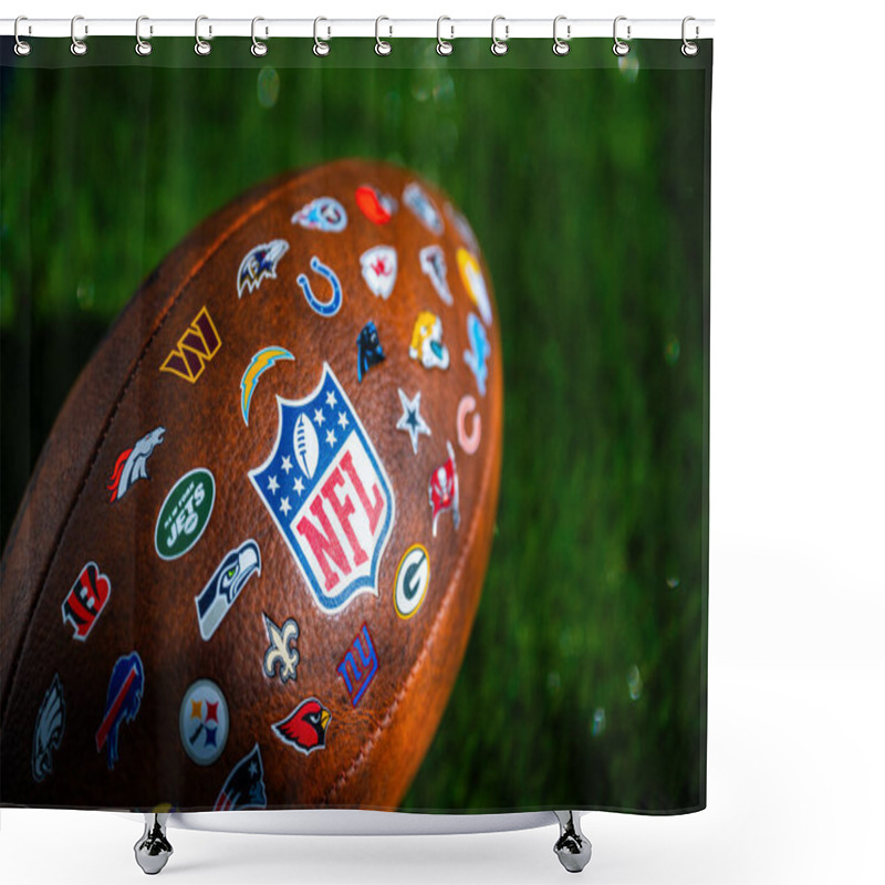 Personality  NEW YORK, USA, SEPTEMBER 11, 2023: NFL Football Ball, Logo Of National Football League And Logos Of All Teams. Green Background, Edit Space Shower Curtains