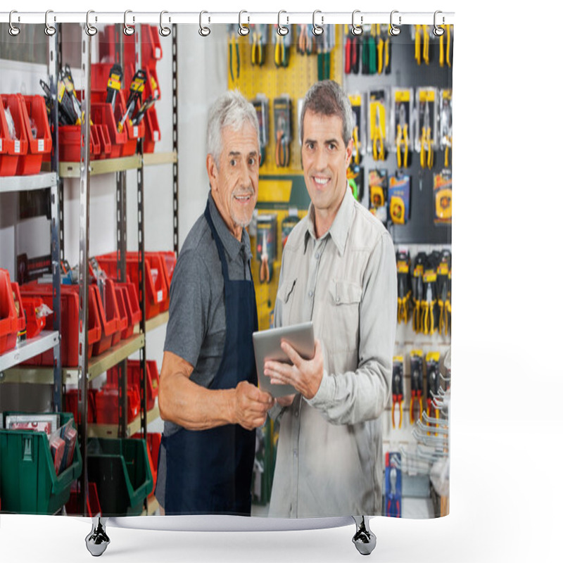 Personality  Salesman And Customer Using Tablet Computer Shower Curtains