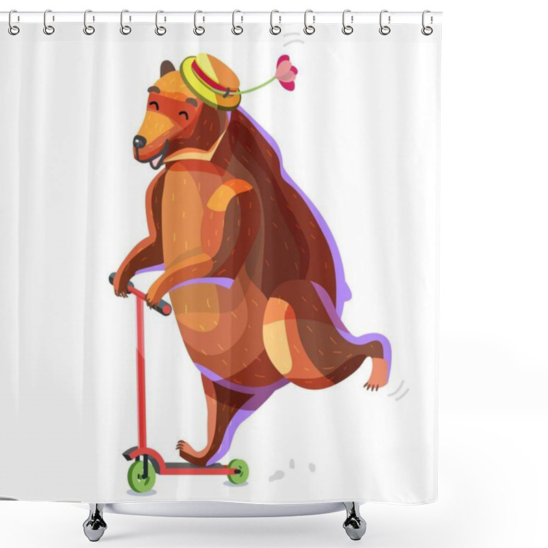 Personality  Circus Bear In Hat Balances On One Leg On Kick Scooter. Shower Curtains