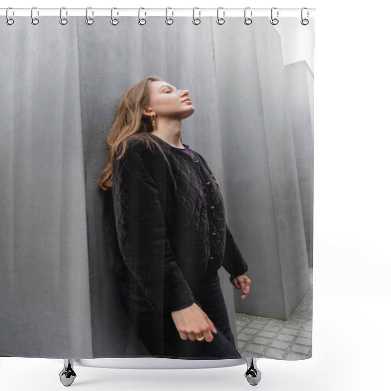 Personality  Relaxed Young Woman In Jacket Standing Near Memorial To Murdered Jews Of Europe At Daytime In Berlin Shower Curtains