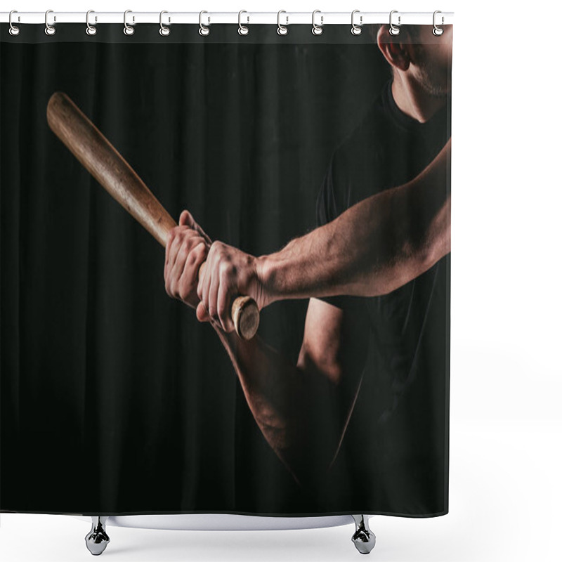 Personality  Cropped Shot Of Young Man Playing Baseball With Bat Isolated On Black  Shower Curtains