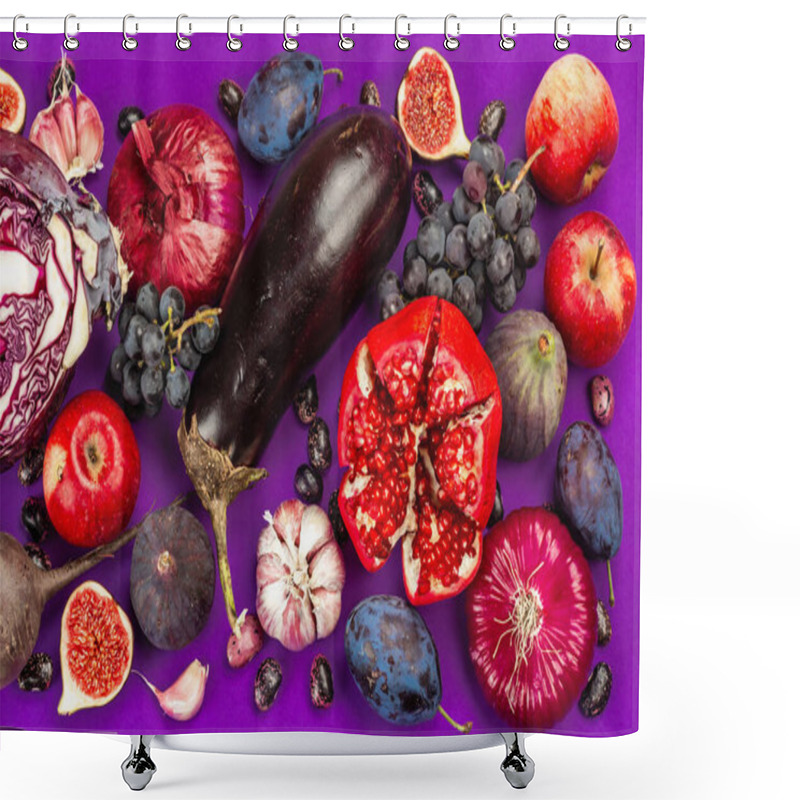 Personality  Blue, Red And Purple Food. Culinary Background Of Fruits And Vegetables. Fresh Figs, Plums, Onion, Eggplant, Grapes, Cabbage, Apple, Garlic, Dogwood, Pomegranate, Beetroot. Violet Background, Flat Lay Shower Curtains