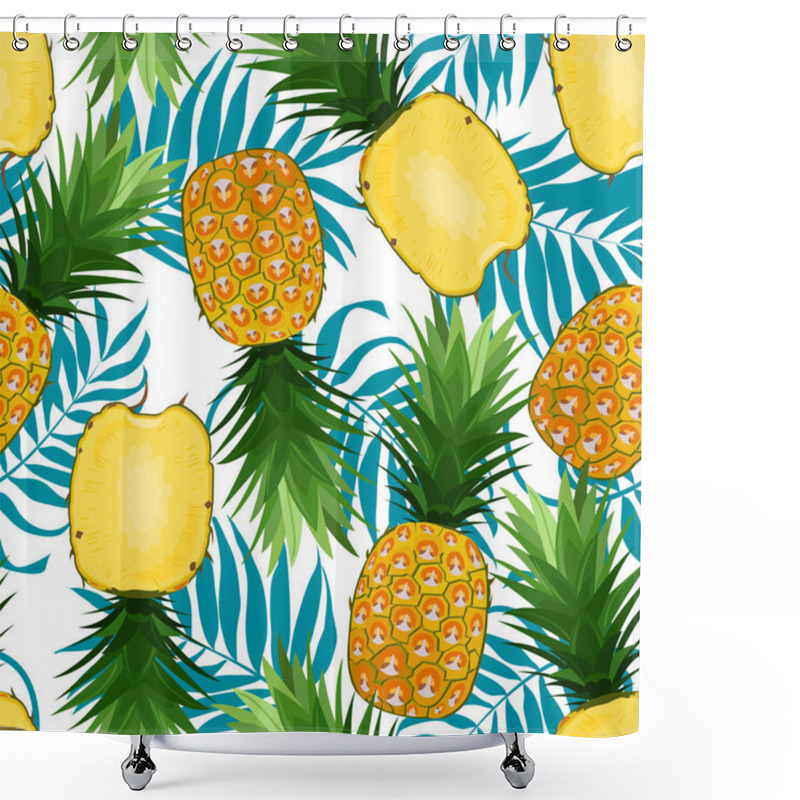 Personality  Pineapple Seamless Pattern Whole And In Longitudinal Section With Palm Leaves On White Background. Summer Background. Ananas Fruits Vector Illustration. Shower Curtains