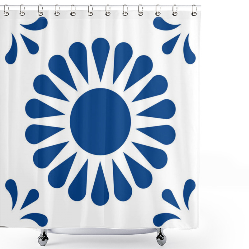 Personality  Mexican Talavera Tile Pattern. Ornament In Traditional Style From Puebla In Classic Blue And White. Floral Ceramic Composition With Flower, Dot And Leaves. Folk Art Design From Mexico. Shower Curtains