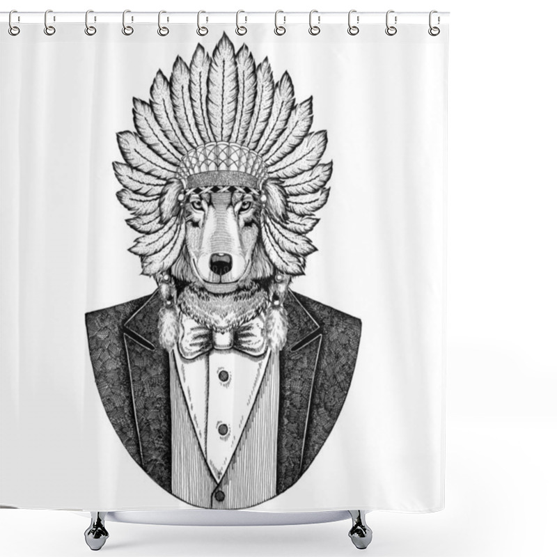 Personality  Wolf Dog Wild Animal Wearing Inidan Hat, Head Dress With Feathers Hand Drawn Image For Tattoo, T-shirt, Emblem, Badge, Logo, Patch Shower Curtains