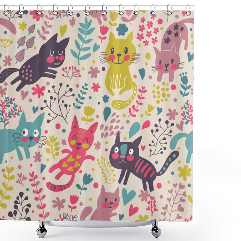 Personality  Childish Seamless Pattern With Funny Cats Shower Curtains