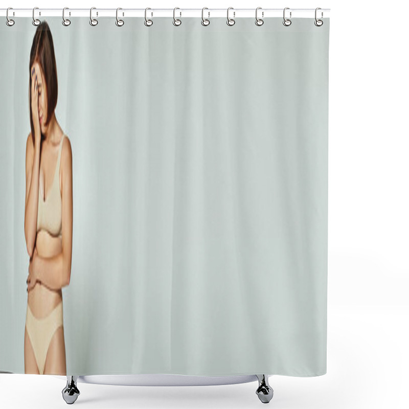 Personality  Embarrassed Young Woman In Underwear Covering Face With Hand On Grey Background, Body Shaming Banner Shower Curtains