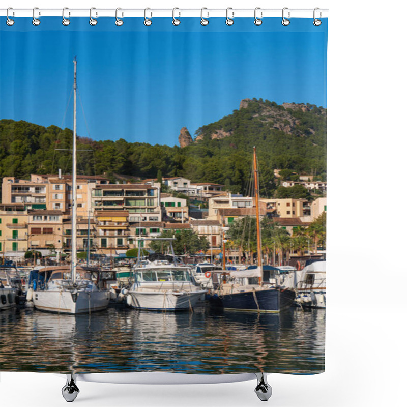 Personality  Scenic View Icturesque Harbor Port De Soller, Mallorca, With Elegant Yachts Moored In Calm Mediterranean Waters. Perfect Blend Maritime Charm And Coastal Beauty. Shower Curtains