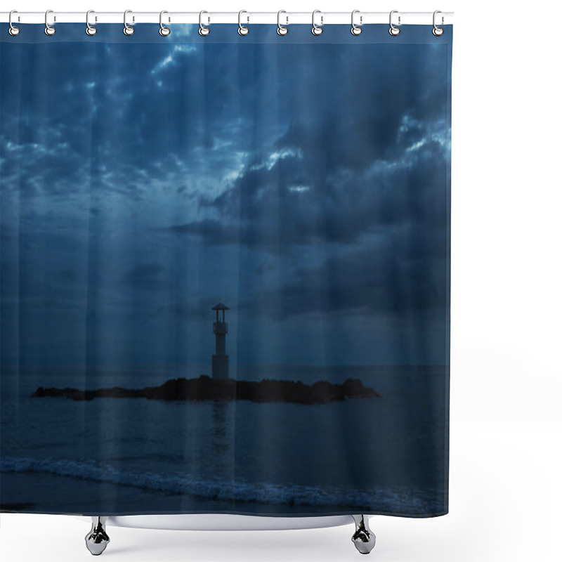 Personality  Beautiful View Of Lighthouse On Rocky Island In The Sea During Dusk With Dramatic Clouds. Shower Curtains