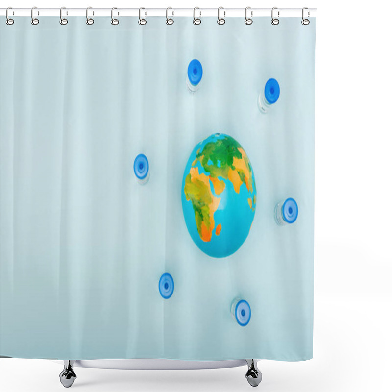 Personality  Top View Of Vaccine Bottles Near Globe On Blue Background With Copy Space Shower Curtains