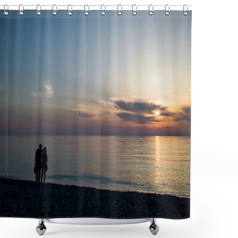 Personality  Couple In Love Back Light Silhouette At Lake Sunset Full Length Shower Curtains