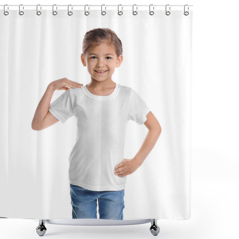 Personality  Little Girl In T-shirt On White Background. Mockup For Design Shower Curtains