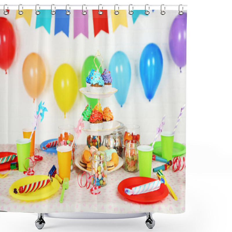 Personality  Prepared Birthday Table With Sweets For Children Party Shower Curtains