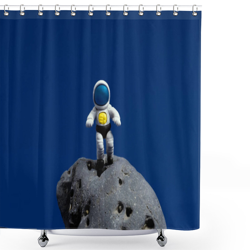 Personality  Cute Miniature Cosmonaut On A Moon Stone On A Dark Blue Background. Minimal Space Day Card. Shower Curtains