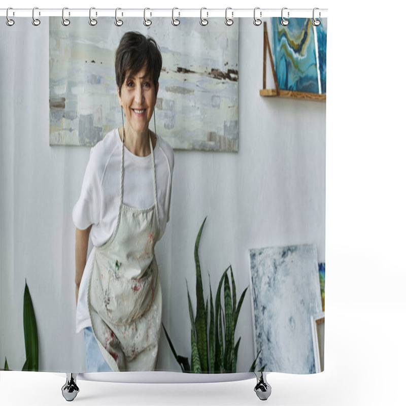 Personality  A Passionate Painter Embraces Creativity In Her Bright Art Studio. Shower Curtains