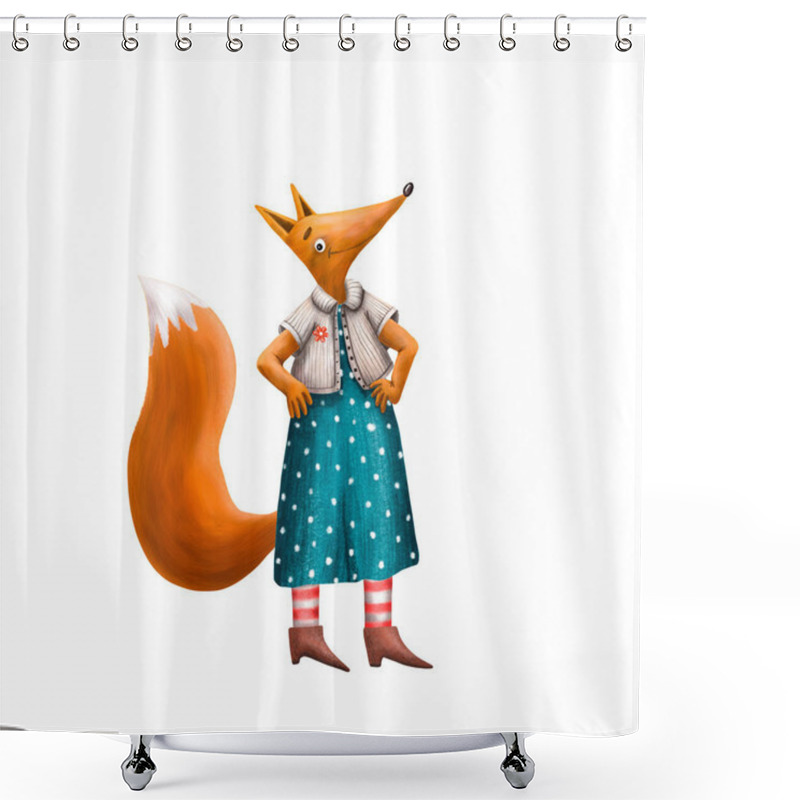 Personality  Cute Digital Illustration Of Fox. Funny Animal Character. Happy Forest Animal. Young Woman. Cartoon Style Of Illustration. Red Furry Tail. Fantasy Character. Dressed Animal. Funny Mascot. Shower Curtains