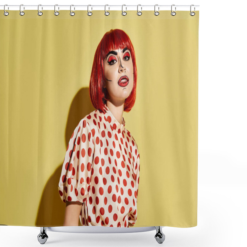 Personality  A Stunning Redhead With Bold Pop Art Makeup And A Polka Dot Blouse, Exuding Charm And Creativity Against A Yellow Backdrop. Shower Curtains