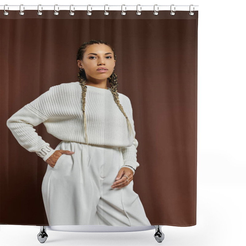 Personality  The Young Woman Models Her Cozy Autumn Style With Confident, Graceful Poses. Shower Curtains