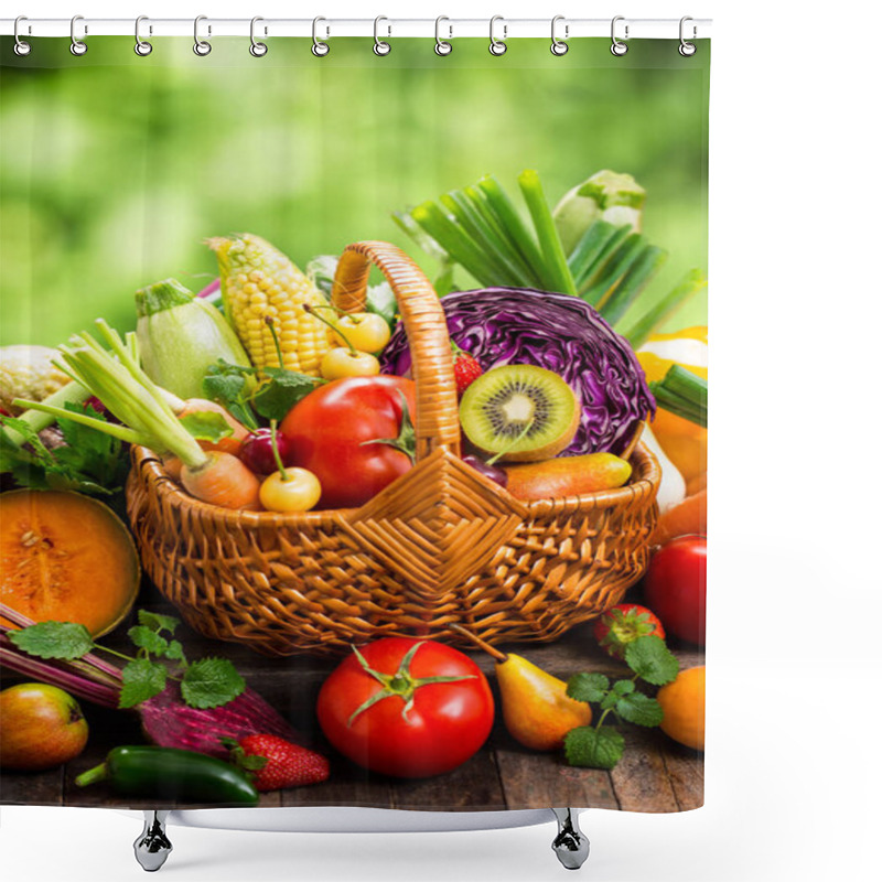 Personality  Close Up View Of Fresh Arranged Vegetables And Fruits On Wooden Background Shower Curtains