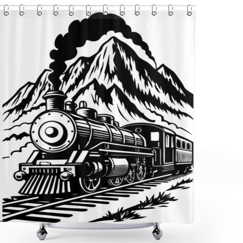 Personality  Vintage Train In Mountain Landscape  Retro Steam Locomotive Poster  Black And White Train Illustration  Scenic Railway Art  Classic Steam Engine Design Shower Curtains