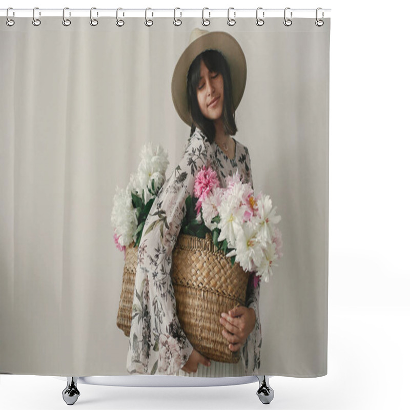 Personality  Sensual Portrait Of Boho Girl Holding Pink And White Peonies In Rustic Basket. Stylish Hipster Woman In Hat And Bohemian Floral Dress Posing With Flowers. International Womens Day. Shower Curtains