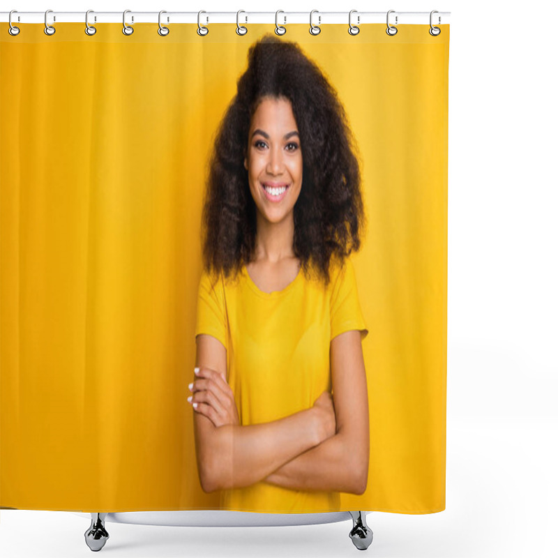 Personality  Close-up Portrait Of Her She Nice Attractive Lovely Pretty Content Cheerful Cheery Wavy-haired Girl Folded Arms Isolated Over Bright Vivid Shine Vibrant Yellow Color Background Shower Curtains