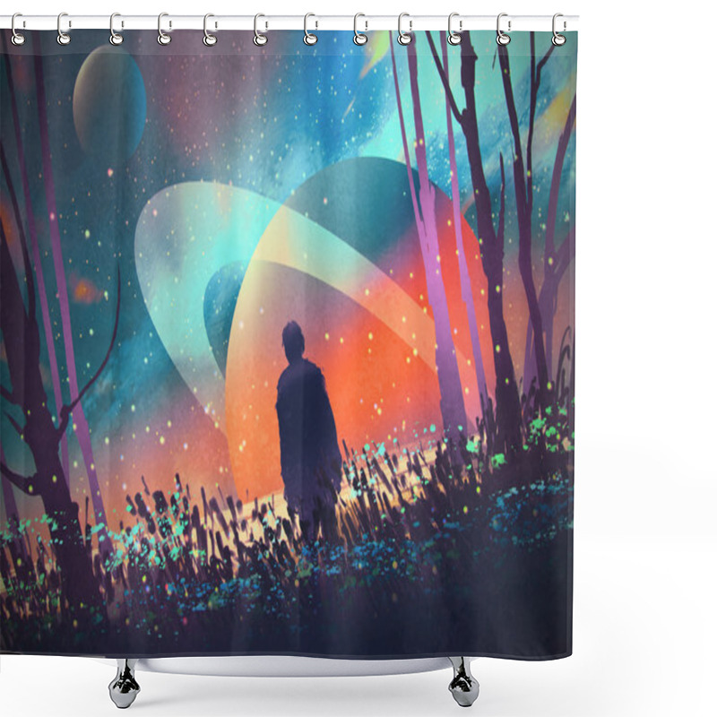 Personality  Man In Forest With Fictional Planets Background Shower Curtains