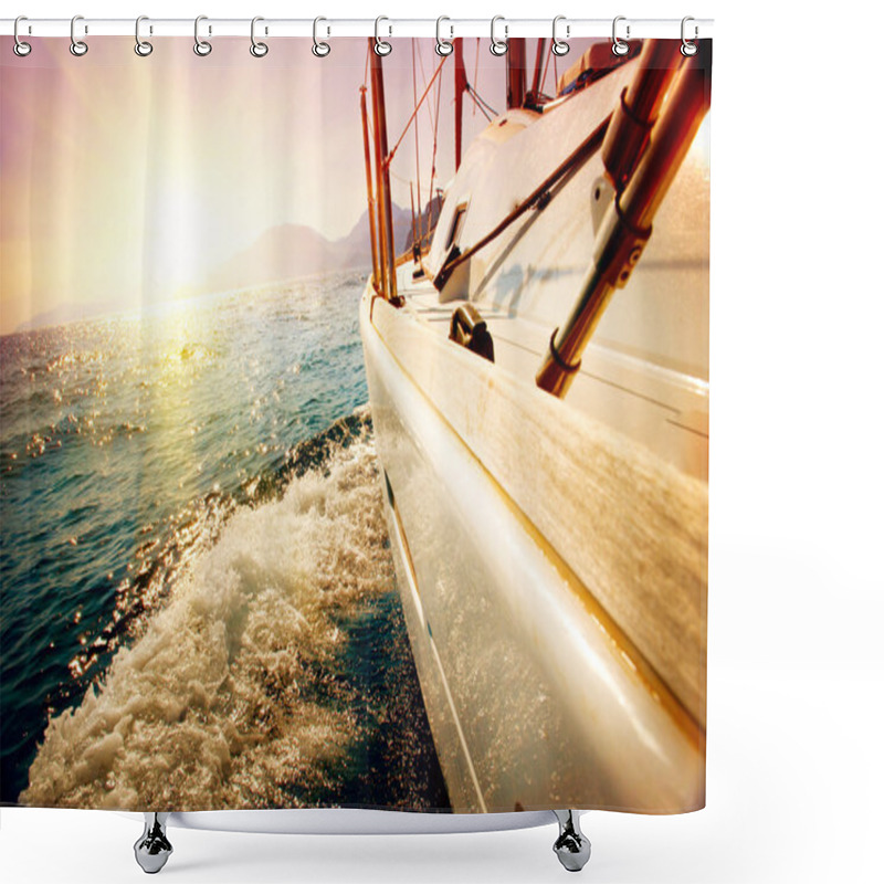 Personality  Yacht Sailing Against Sunset. Sailboat. Yachting Shower Curtains