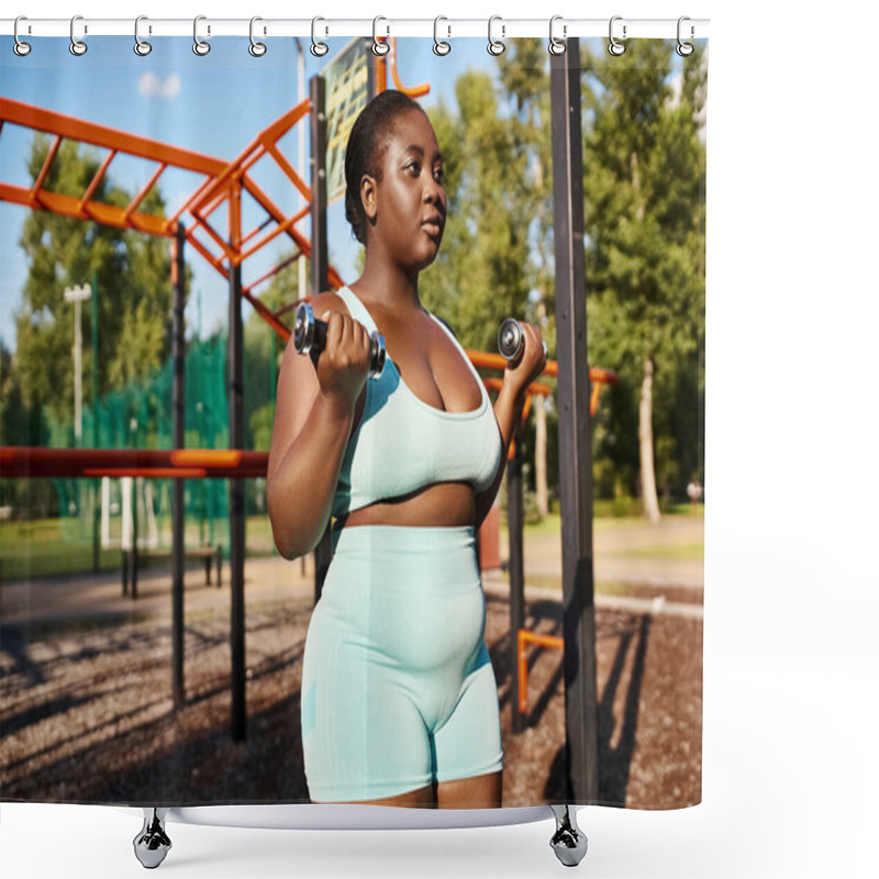 Personality  An African American Woman In Sportswear Relaxes On A Bench, With Her Hands Comfortably Resting Behind Her Head In A Serene Moment. Shower Curtains