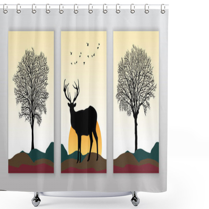 Personality  Mural Wallpaper Landscape With Black Trees In A Light Background. Black Deer And Orange Sun And Birds. For Use As A Frame On Walls. Shower Curtains