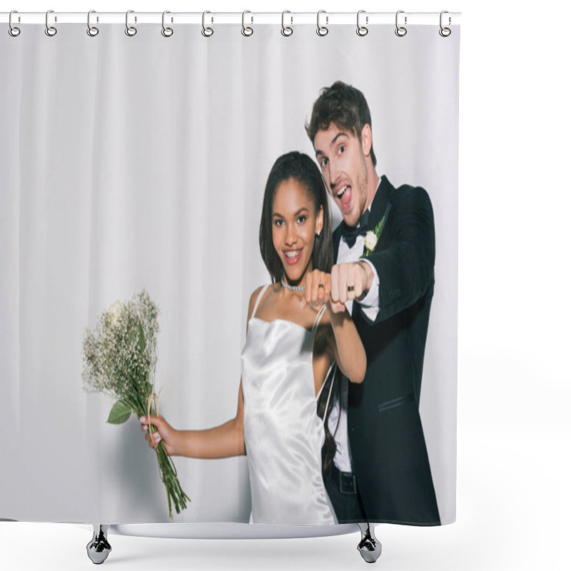 Personality  Happy Interracial Newlyweds Showing Wedding Rings On Their Hands On White Background Shower Curtains