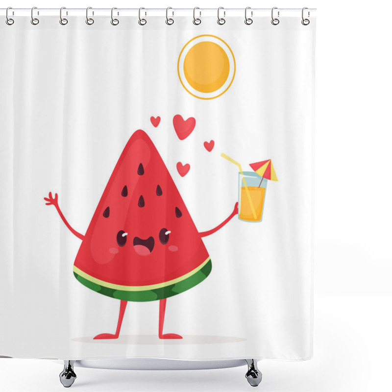 Personality  Cheerful Slice Of Watermelon Under The Sun With A Drink In Hand. Vector Illustration In Flat Cartoon Style. Shower Curtains