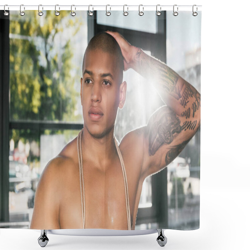 Personality  Portrait Of Muscular African American Sportsman With Tattooed Hand At Gym Shower Curtains