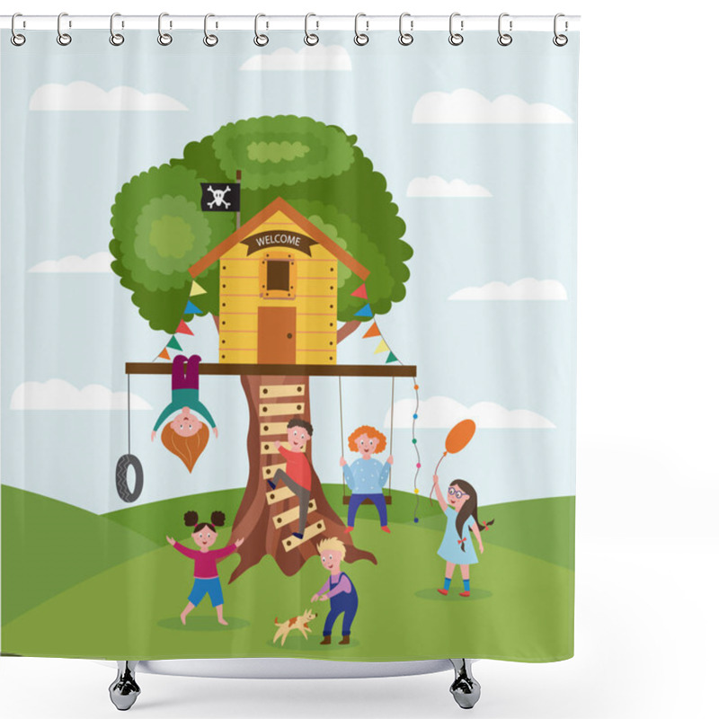 Personality  Tree House And Children Playing At Summer Background Flat Vector Illustration. Shower Curtains