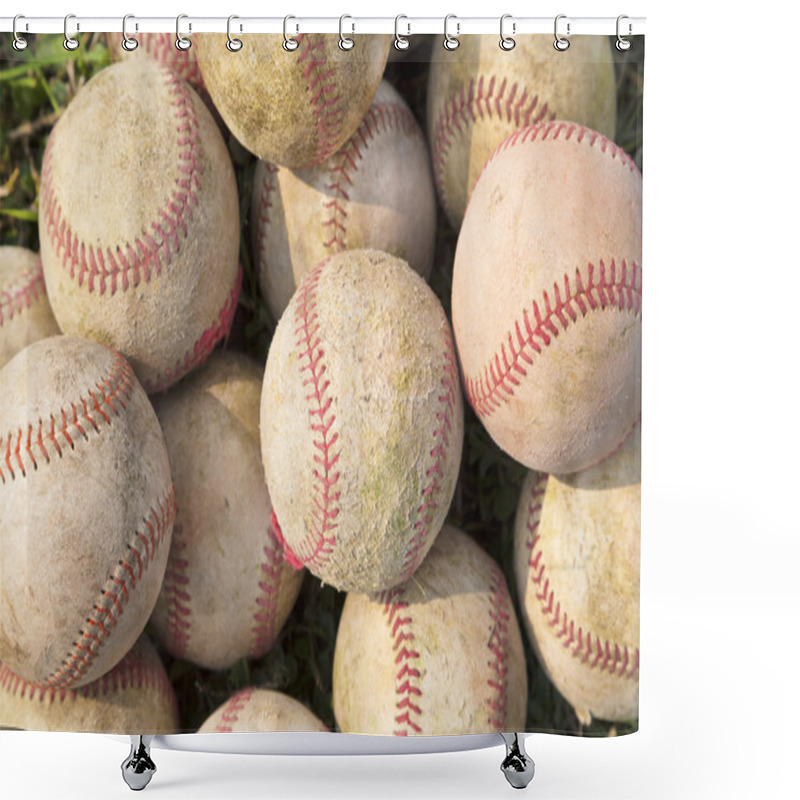 Personality  Pile Up A Stack Of Old Baseball In Green Shower Curtains