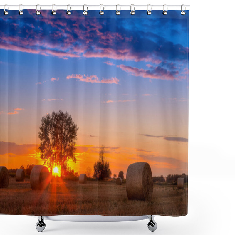 Personality  Sunset Field, Tree And Hay Bale Shower Curtains