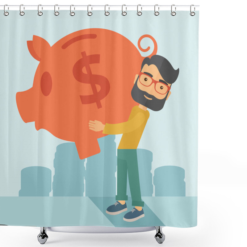 Personality  Man With His Big Piggy Bank Shower Curtains