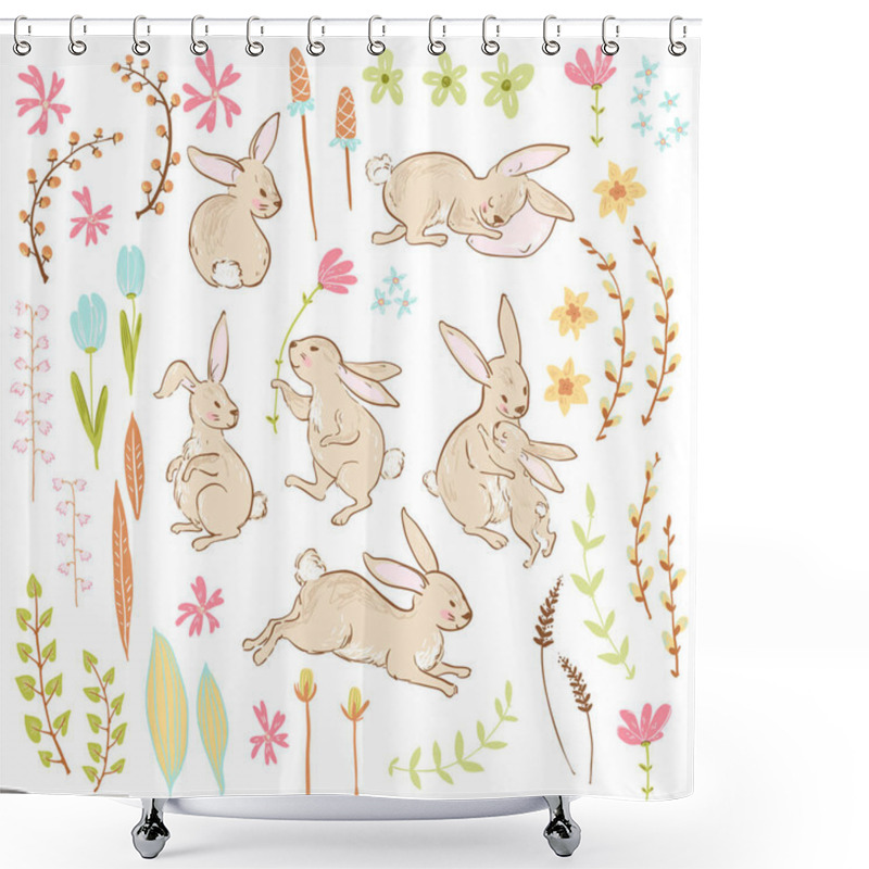 Personality  Easter Seamless Pattern With Cartoon Cute Bunnies And Flowers With Branches In Pastel Colors, Vector, Illustration Shower Curtains