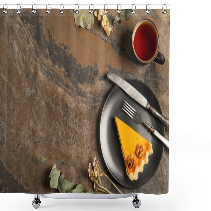 Personality  Seasonal Thanksgiving Setting, Black Plate With Pumpkin Pie Near Herbs And Warm Tea On Stone Table Shower Curtains