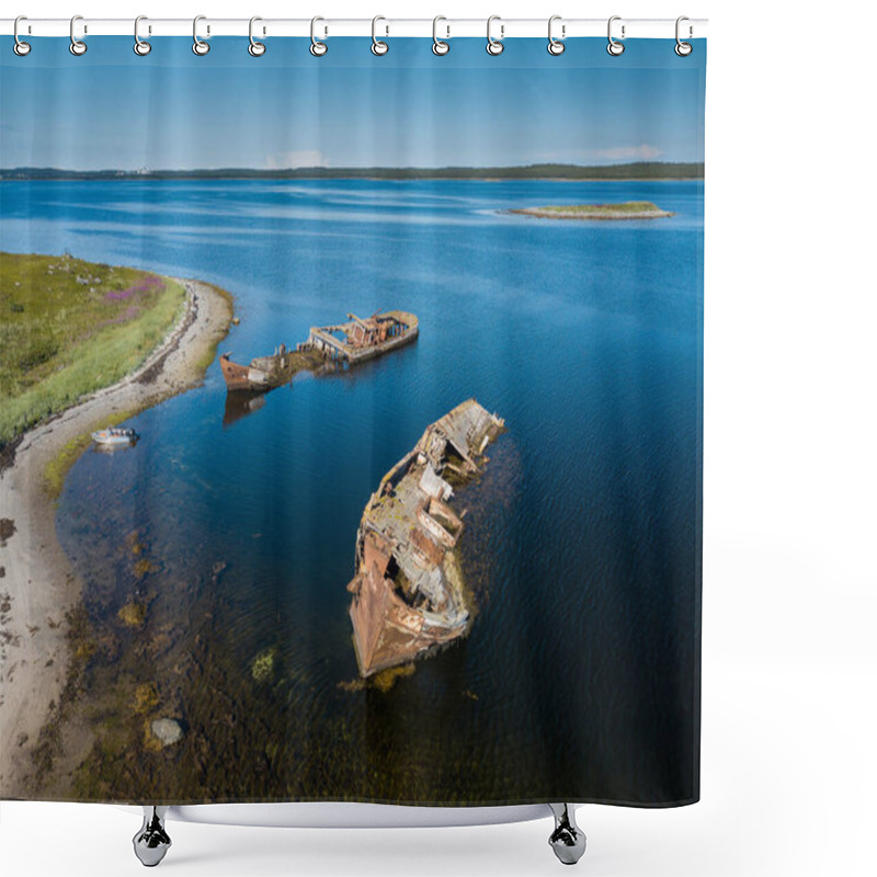 Personality  Aerial View Of Abandoned And Derelict Rusty Old Ships Near Lonaly Island In The Arctic Ocean. Russia. White Sea Shower Curtains