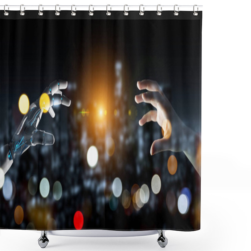 Personality  Robot Hand Making Contact With Human Hand On Dark Background 3D  Shower Curtains