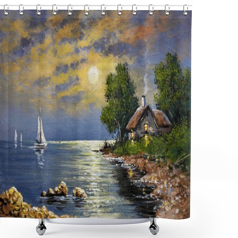 Personality  Oil Paintings Rural Landscape, Boat On The River, Moon. The Art, Fine Art Shower Curtains